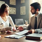DALL E 2025 04 17 00.24.16 A photorealistic editorial style image representing personal injury law. The scene is set in a law office. A client with a cast on their arm sits ac