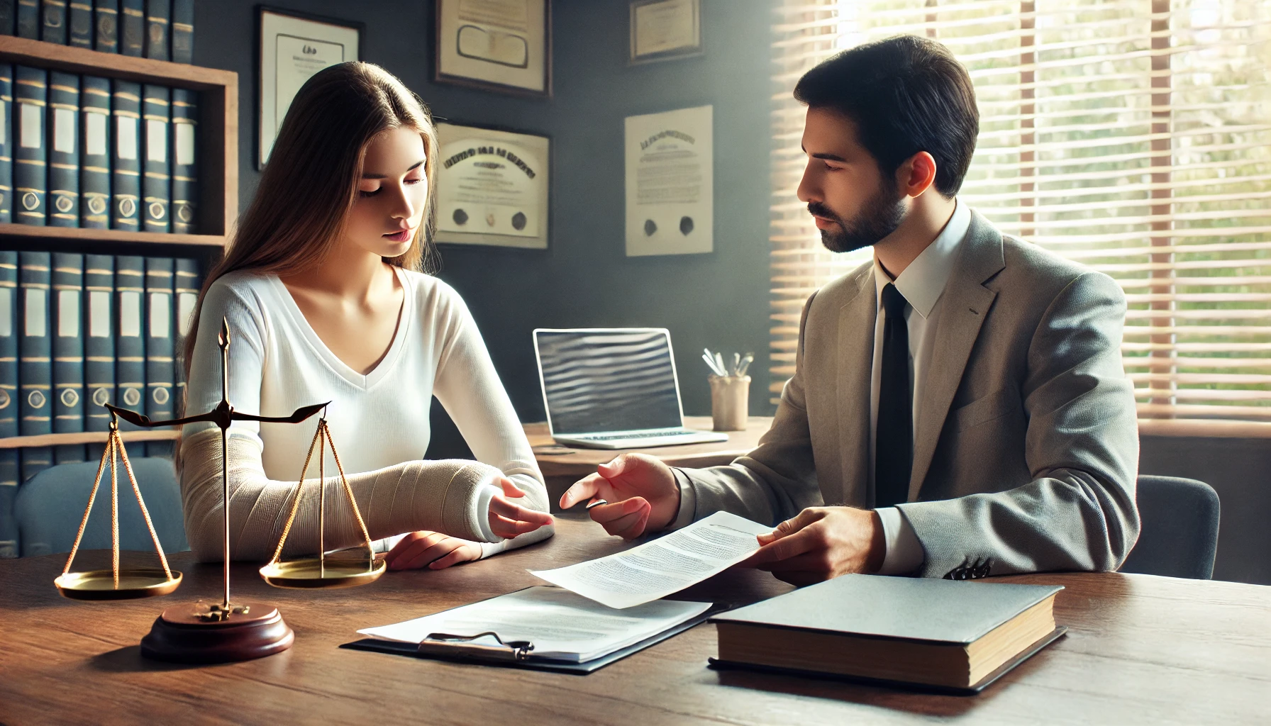 DALL E 2025 04 17 00.24.16 A photorealistic editorial style image representing personal injury law. The scene is set in a law office. A client with a cast on their arm sits ac